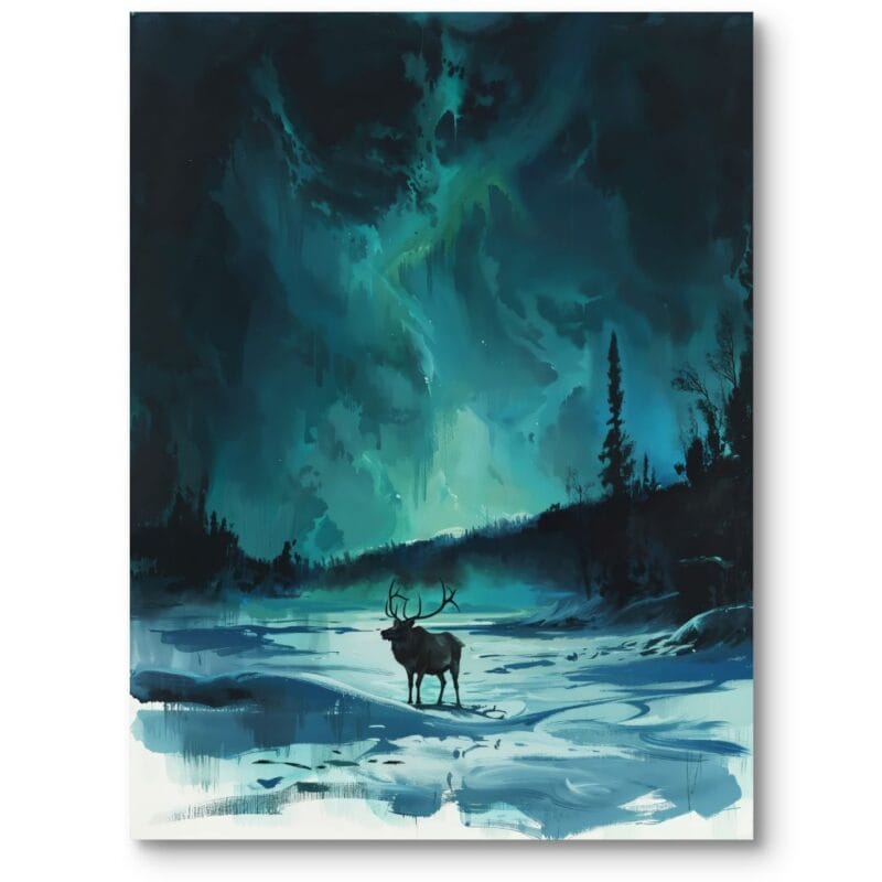 Obraz do salonu nowoczesny nocny krajobraz z reniferem realizm niebiesko-biały