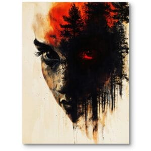 Obraz do salonu nowoczesny portret kobiety w lesie czarno-czerwony