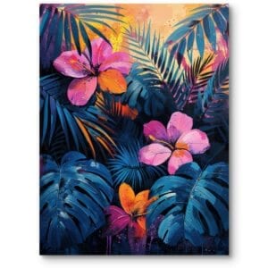 Obraz do salonu nowoczesny tropikalne kwiaty impresjonizm niebiesko-różowy