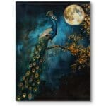 Obraz do salonu paw pod księżycem eklektyczny realizm zielono-niebieski