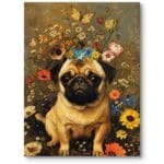 Obraz do salonu, pokoju dziecka, zwierzęta (mops), natura (kwiaty, motyl), realizm, brązowo-żółty