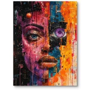 Obraz do salonu portret kobiety abstrakcja pomarańczowo-fioletowy
