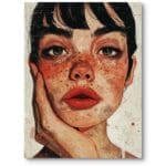 Obraz do salonu portret realistyczny twarz kobiety ciepła kolorystyka czerwono-beżowy