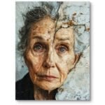 Obraz do salonu portret starszej kobiety w realistycznym stylu na szaro-białym tle