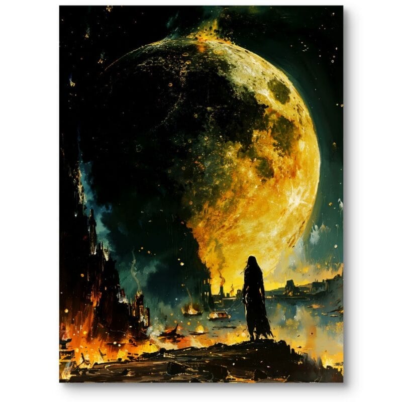 Obraz do salonu postać przed księżycem apokaliptyczny krajobraz nowoczesny żółto-czarny