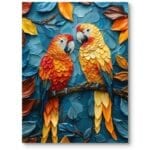 Obraz do salonu realistyczny papugi na gałęzi natura niebiesko-pomarańczowy Obraz do salonu realistyczny papugi na gałęzi natura niebiesko-pomarańczowy