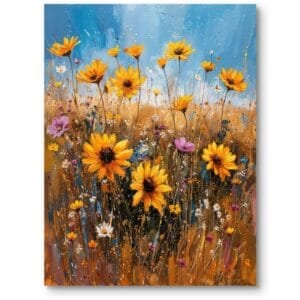Obraz do salonu rośliny i flora słoneczniki impresjonizm żółto-niebieski