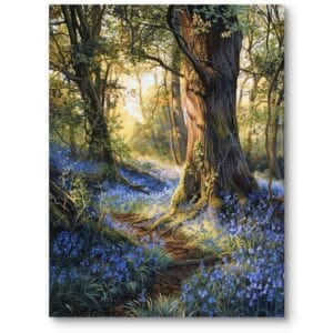 Obraz do salonu rustykalnego krajobraz las kwitnące rośliny realizm zielono-niebieski