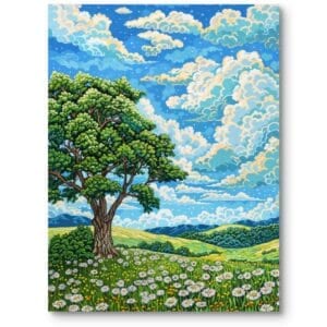 Obraz do salonu rustykalnego krajobraz na płótnie kwitnąca łąka drzewo zielono-błękitny