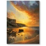 Obraz do salonu rustykalnego krajobraz plaża zachód słońca żółto-niebieski impresjonizm