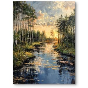 Obraz do salonu rustykalnego krajobraz rzeczny las zachód słońca impresjonizm zielono-niebieski