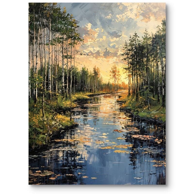 Obraz do salonu rustykalnego krajobraz rzeczny las zachód słońca impresjonizm zielono-niebieski