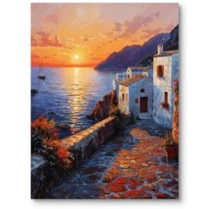 Obraz do salonu rustykalnego krajobrazy morze zachód słońca impresjonizm pomarańczowo-niebieski