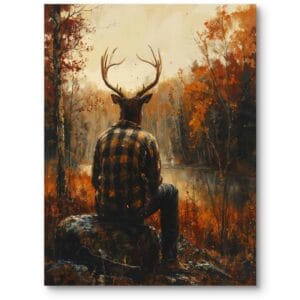 Obraz do salonu rustykalnego mężczyzna z głową jelenia jesienny pejzaż nad jeziorem pomarańczowo-brązowy