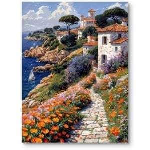 Obraz do salonu rustykalnego morski nadmorska wioska impresjonizm zielono-pomarańczowy