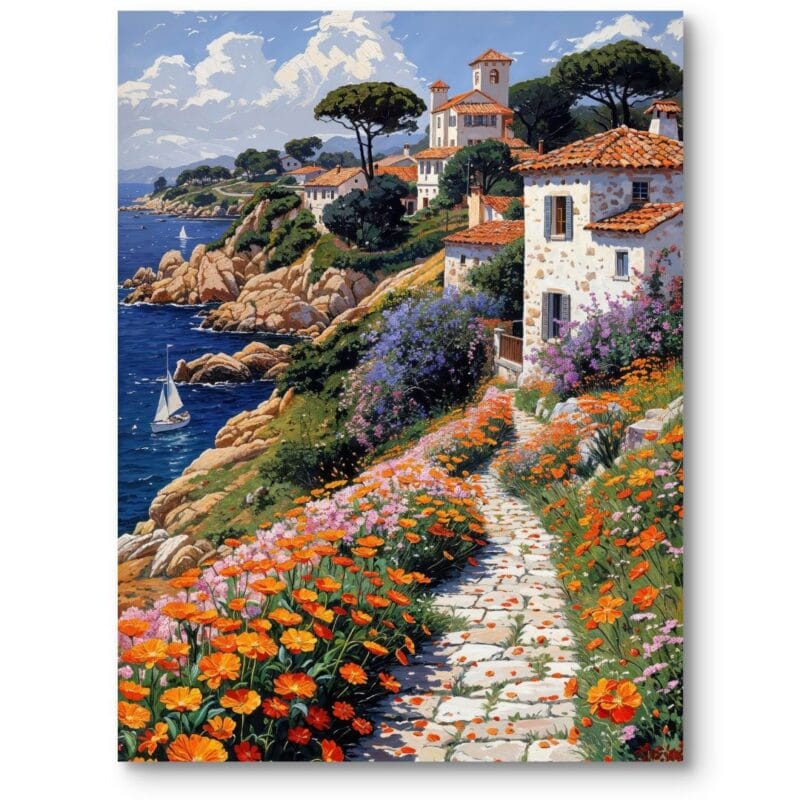 Obraz do salonu rustykalnego morski nadmorska wioska impresjonizm zielono-pomarańczowy Obraz do salonu rustykalnego morski nadmorska wioska impresjonizm zielono-pomarańczowy