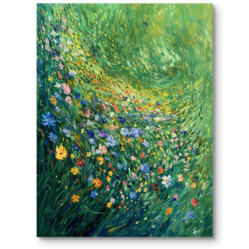Obraz do salonu rustykalnego natura kwitnąca łąka impresjonizm zielono-żółty