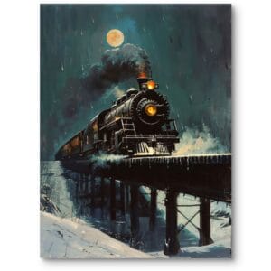 Obraz do salonu rustykalnego zimowy pejzaż z pociągiem realistyczny niebieski