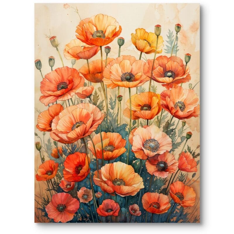 Obraz do salonu rustykalny floralne mak akwarela pomarańczowo-zielony