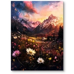 Obraz do salonu rustykalny góry i kwiecista łąka impresjonizm różowo-żółty