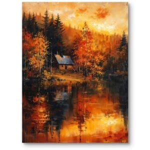 Obraz do salonu rustykalny impresjonizm krajobraz las jesień pomarańczowo-żółty