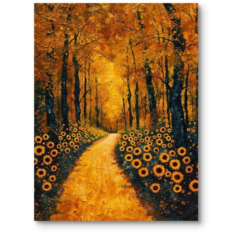 Obraz do salonu rustykalny jesienny las ze słonecznikami impresjonizm żółto-zielony