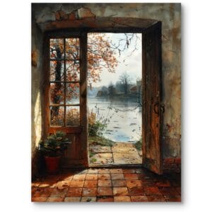 Obraz do salonu rustykalny krajobraz jezioro realistyczny pomarańczowo-brązowy