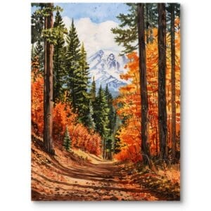 Obraz do salonu rustykalny krajobraz las góry pomarańczowo-zielony