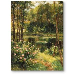 Obraz do salonu rustykalny krajobraz leśny ze stawem impresjonizm zielono-brązowy