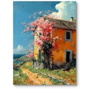 Obraz do salonu rustykalny krajobraz wiejski dom z różowym drzewem niebieski