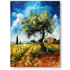 Obraz do salonu rustykalny krajobraz z drzewem i domem impresjonizm zielono-niebieski