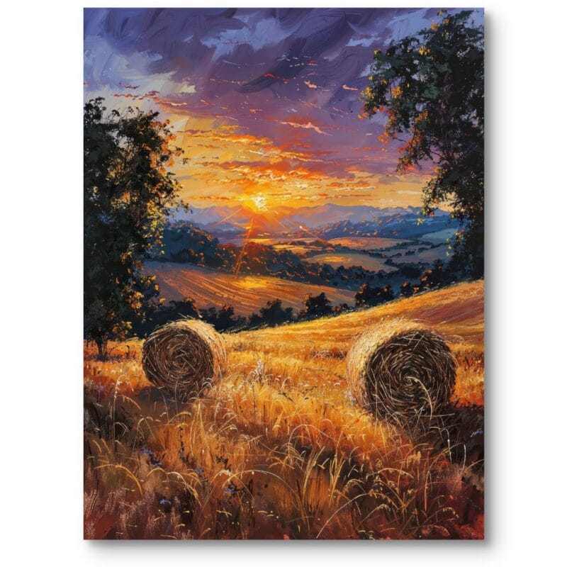 Obraz do salonu rustykalny krajobraz zachód słońca nad złocistym polem impresjonizm pomarańczowo-fioletowy Obraz do salonu rustykalny krajobraz zachód słońca nad złocistym polem impresjonizm pomarańczowo-fioletowy