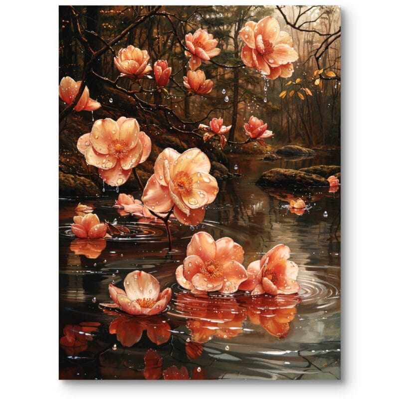 Obraz do salonu rustykalny kwieciste natura jezioro brązowo-pomarańczowy