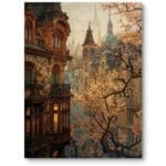 Obraz do salonu rustykalny secesja architektura kamienice nostalgia brązowo-beżowy