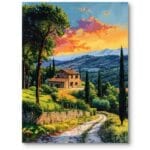 Obraz do salonu rustykalny wiejskie zacisze o zachodzie słońca impresjonizm pomarańczowo-zielony