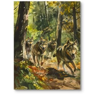 Obraz do salonu rustykalny zwierzęta wilki zielono-brązowy