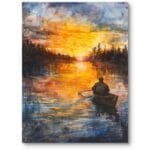 Obraz do salonu ściany na biało jezioro łódka zachód słońca impresjonizm pomarańczowo-żółty