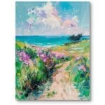 Obraz do salonu skandynawski krajobraz kwiecista łąka akryl niebiesko-zielony