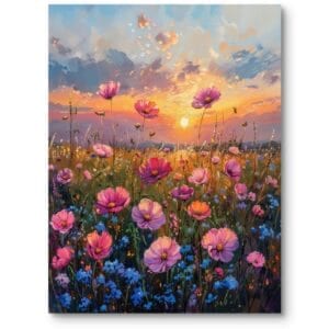 Obraz do salonu skandynawski kwiatowa łąka o zachodzie słońca impresjonizm różowo-pomarańczowy