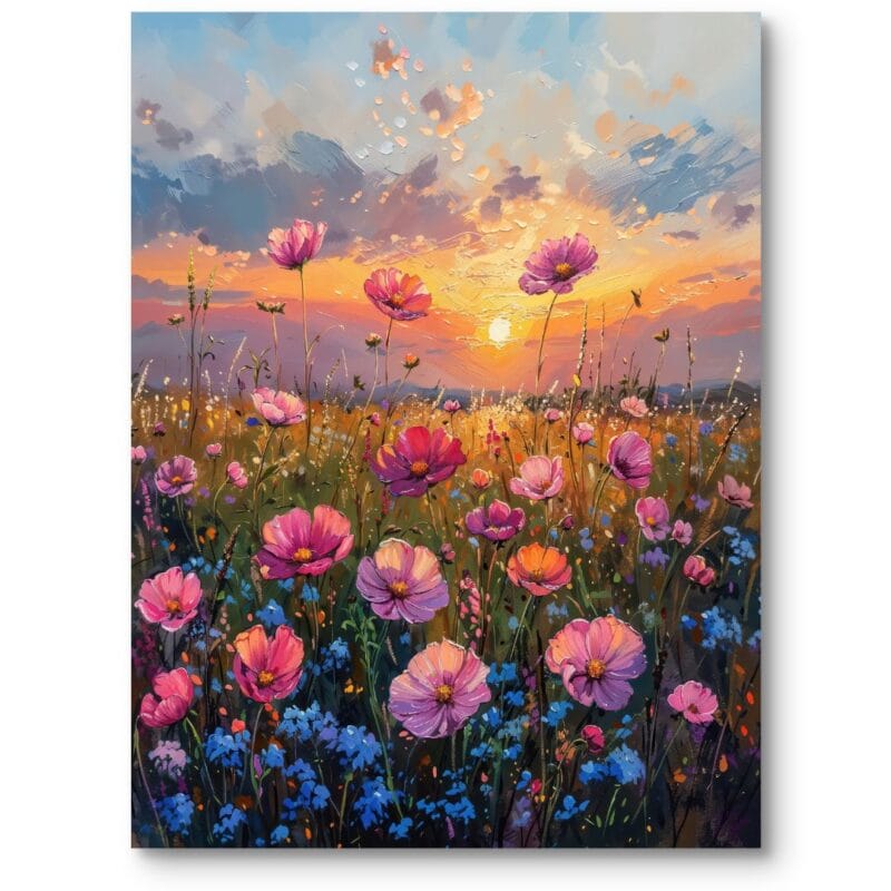 Obraz do salonu skandynawski kwiatowa łąka o zachodzie słońca impresjonizm różowo-pomarańczowy