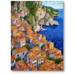 Obraz do salonu skandynawski nadmorskie miasteczko impresjonizm niebiesko-pomarańczowy