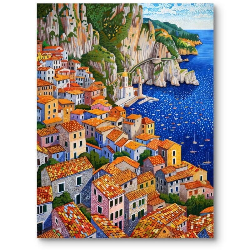 Obraz do salonu skandynawski nadmorskie miasteczko impresjonizm niebiesko-pomarańczowy