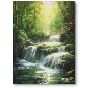 Obraz do salonu skandynawski natura wodospad realistyczny zielono-żółty