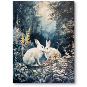 Obraz do salonu skandynawskiego białe króliki w lesie realistyczny zielono-biały