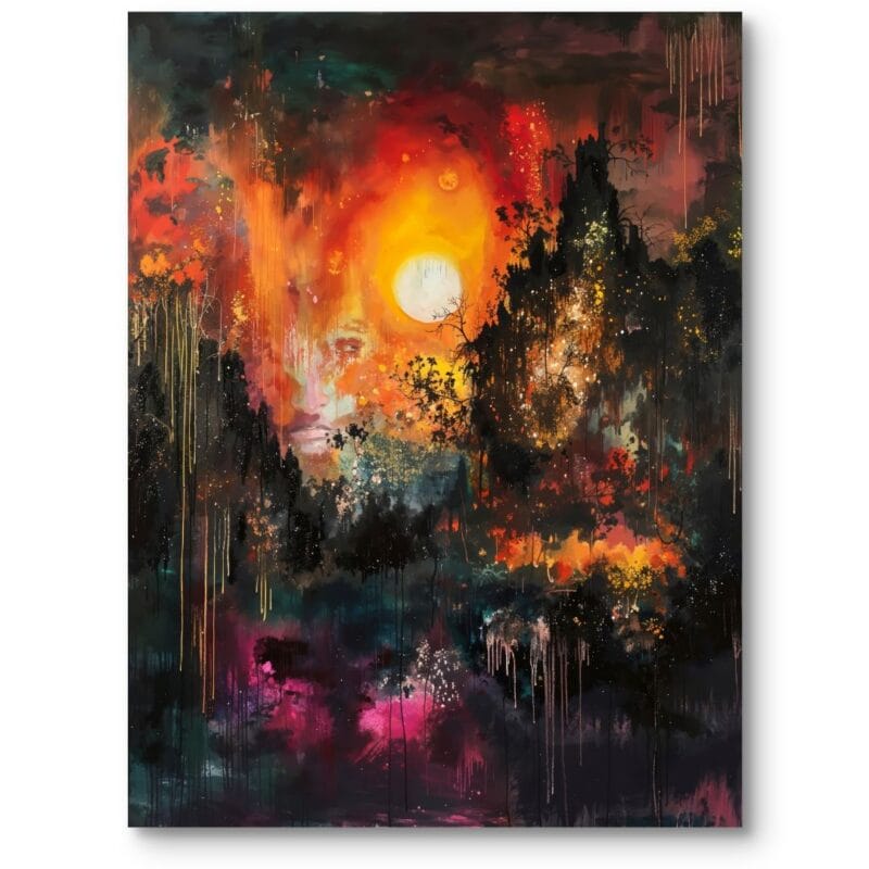 Obraz do salonu surrealistyczny krajobraz z czerwonym słońcem w stylu abstrakcyjnym czerń i czerwień