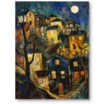 Obraz do salonu sypialni architektura noc impresjonizm granatowo-żółty