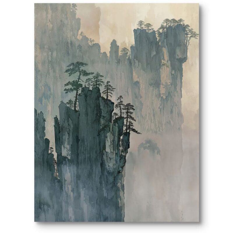 Obraz do salonu sypialni biura krajobrazy pejzaże i widoki góry we mgle impresjonizm zielono-szary Obraz do salonu sypialni biura krajobrazy pejzaże i widoki góry we mgle impresjonizm zielono-szary