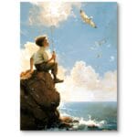 Obraz do salonu sypialni chłopiec na skale z wędką realistyczny niebiesko-biały Obraz do salonu sypialni chłopiec na skale z wędką realistyczny niebiesko-biały