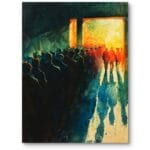 Obraz do salonu tłum ludzi w podróży przez portal nowoczesny ciemnoniebiesko-pomarańczowy