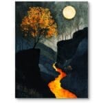Obraz do salonu vintage krajobraz z rzeką i księżycem surrealizm pomarańczowo-czarny